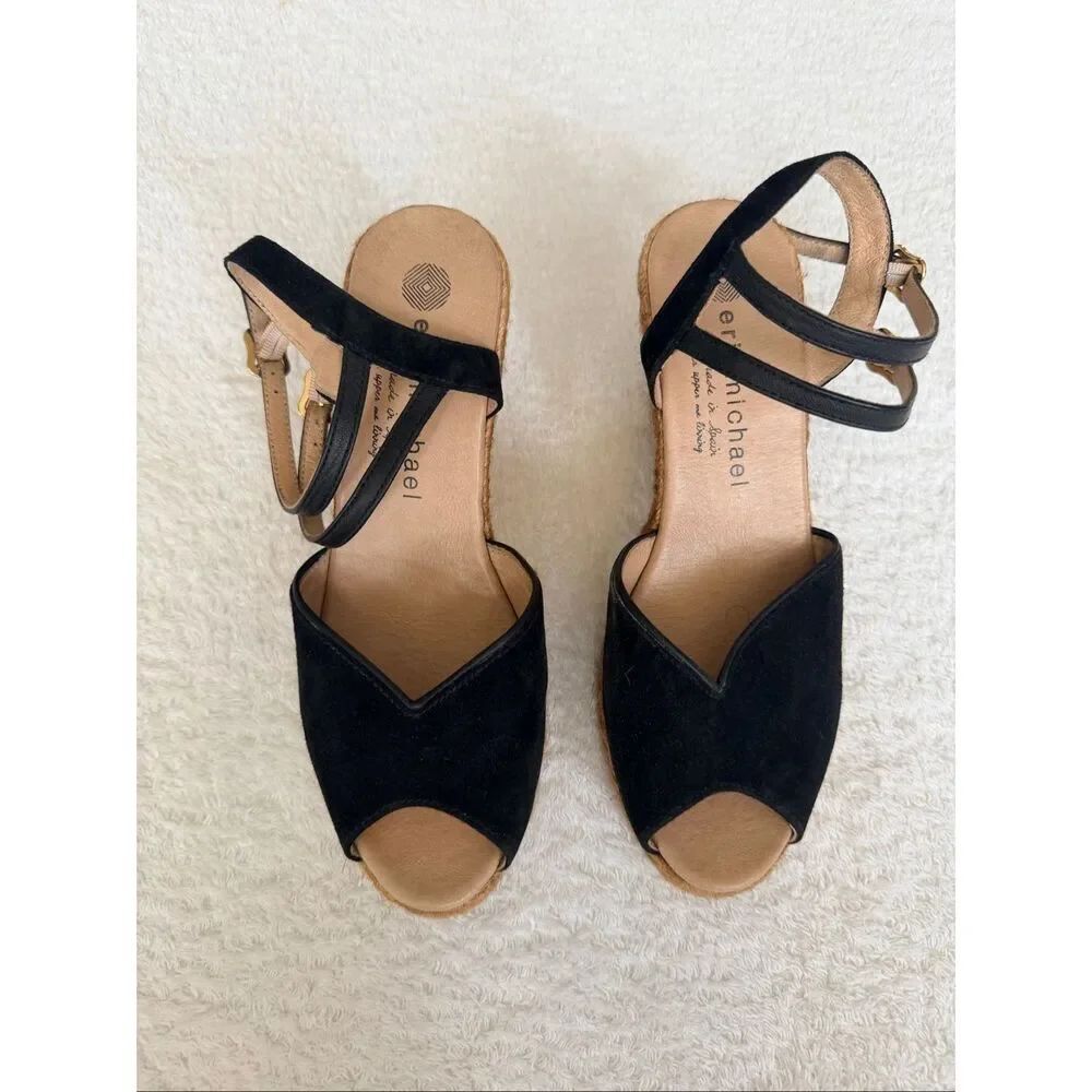Eric Michael Black Suede Espadrille Wedge Sandals Ankle Strap Size 38 Spain